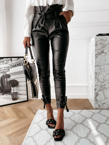 Women's Pants Belted Pocket Belt PU Leather Pants - LuckyFash™