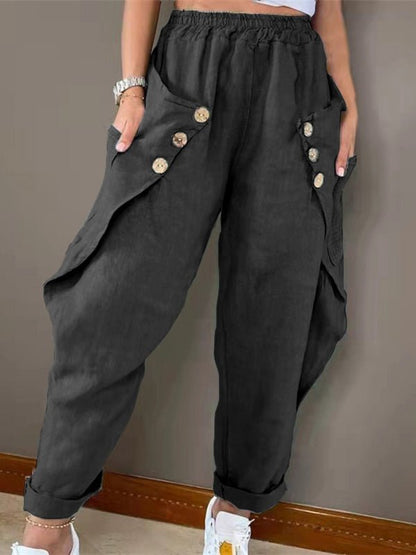 Casual Pocket Button Elastic Waist Pant