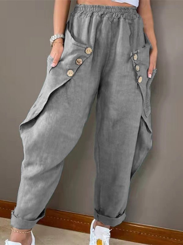 Casual Pocket Button Elastic Waist Pant