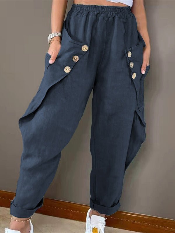 Pants - Casual Pocket Button Elastic Waist Pant - MsDressly