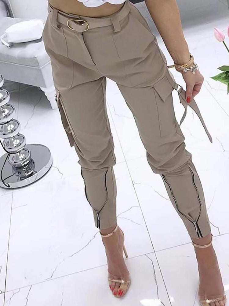 Pants Elastic High Waist Pocket Zipper Cargo Pants for Women