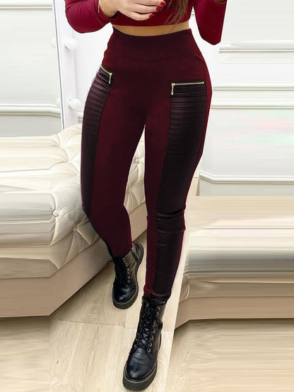 Pants Zipper Leather Panel Skinny Trousers for Women