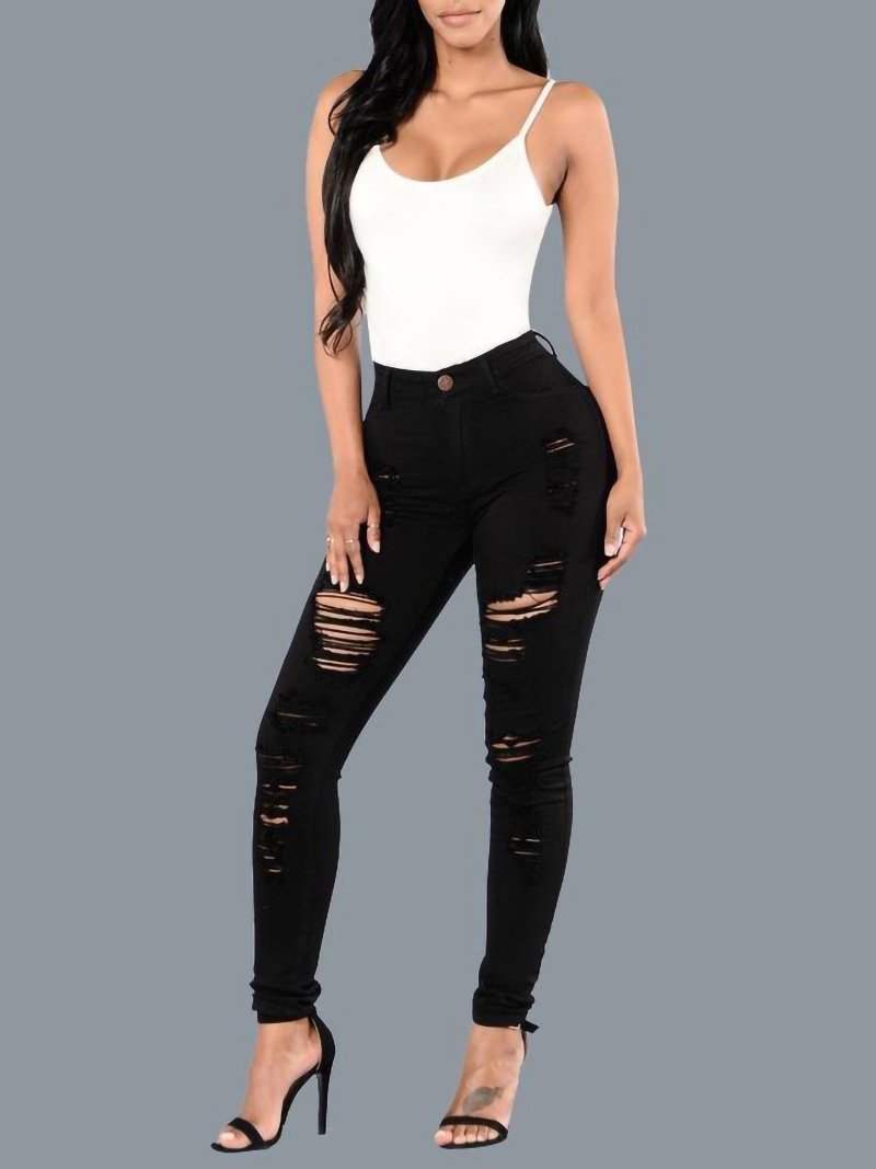 Plus Size Full Length Ripped Pencil Jeans for Women