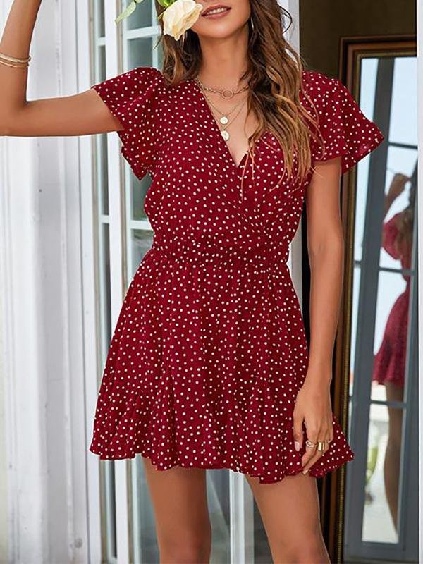 Polka Dots Short Sleeve Ruffle Dress for Women