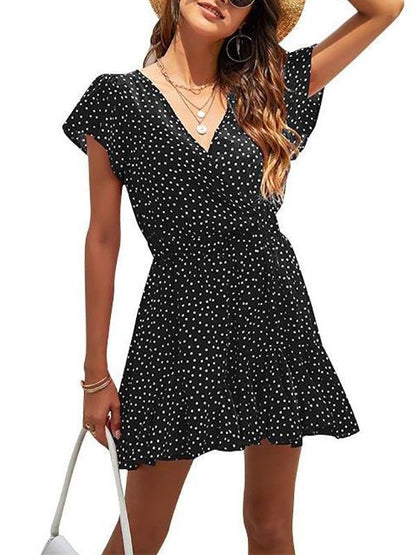 Polka Dots Short Sleeve Ruffle Dress for Women