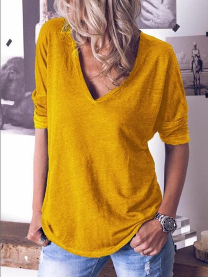 Pure Color V-neck Long Sleeved T-shirt for Women