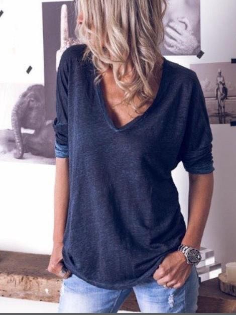 Pure Color V-neck Long Sleeved T-shirt for Women