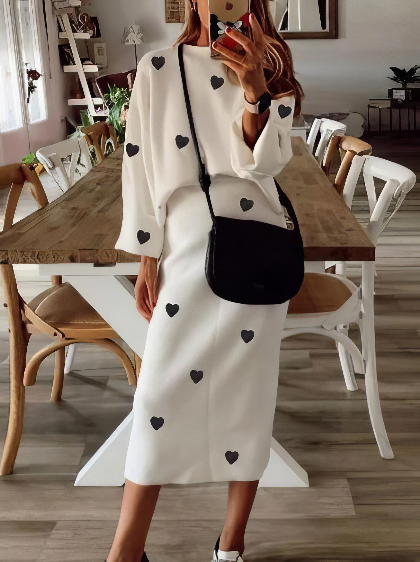 Sets - Black Heart Print Round Neck Long Sleeve & Temperament Skirt Two Piece Set - MsDressly