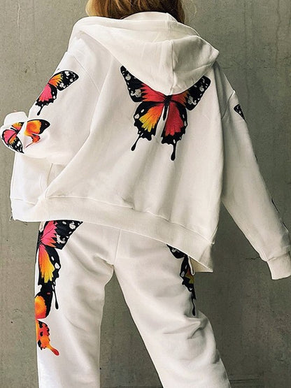 Women's Sets Butterfly Print Long Sleeve Zipper Hoodie Casual Two-Piece Suit - LuckyFash™