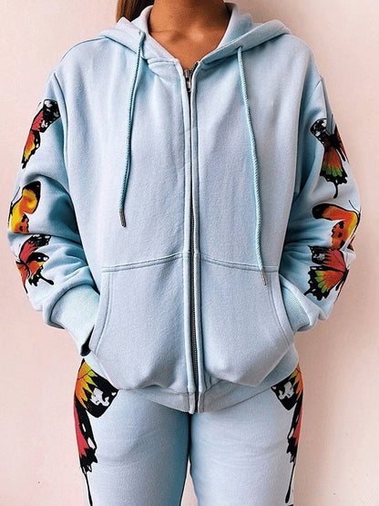 Women's Sets Butterfly Print Long Sleeve Zipper Hoodie Casual Two-Piece Suit - LuckyFash™