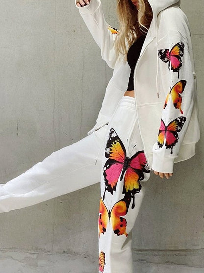 Sets Butterfly Print Long Sleeve Zipper Hoodie Casual Two-Piece Suit for Women