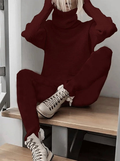 Sets Casual High-neck Long Sleeve Knitted Two-Piece Suit for Women