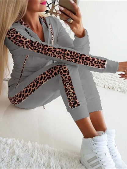 Sets Casual Leopard Print Zipper Hooded Two-Piece Set for Women