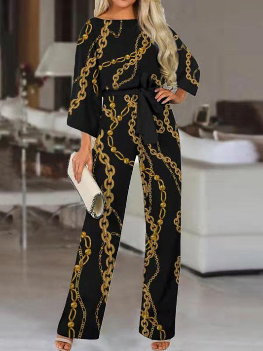 Sets Chain Print Wide-Leg Pants Loose Two-Piece Suit for Women