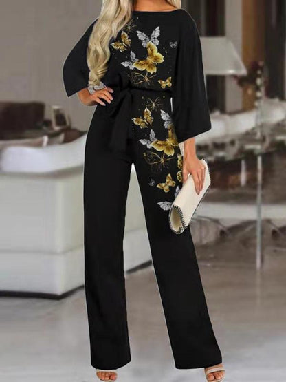 Sets Chain Print Wide-Leg Pants Loose Two-Piece Suit for Women