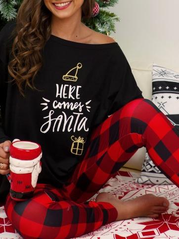 Sets Christmas Printed Sloping Shoulder Top & Plaid Pants Casual Two-Piece Set for Women