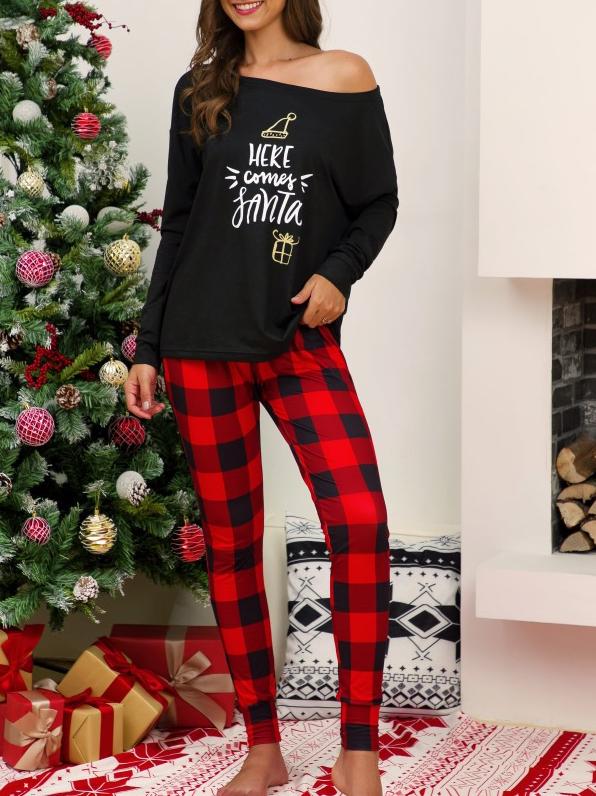 Women's Sets Christmas Printed Sloping Shoulder Top & Plaid Pants Casual Two-Piece Set - LuckyFash™