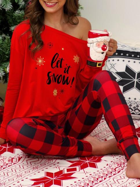 Sets Christmas Printed Sloping Shoulder Top & Plaid Pants Casual Two-Piece Set for Women