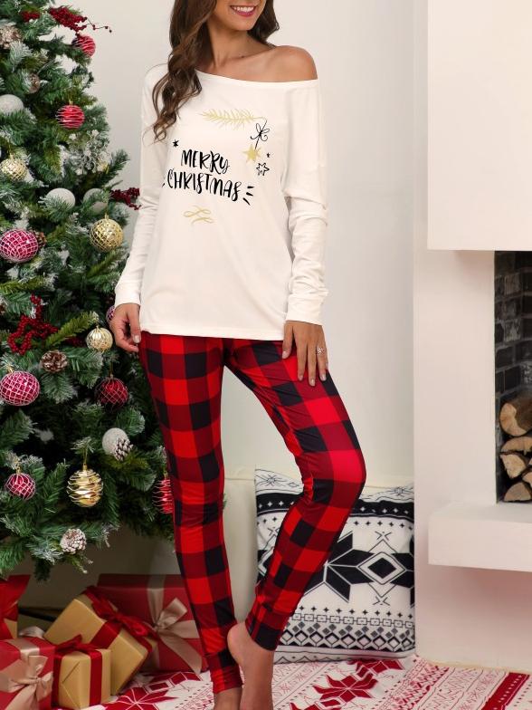 Women's Sets Christmas Printed Sloping Shoulder Top & Plaid Pants Casual Two-Piece Set - LuckyFash™