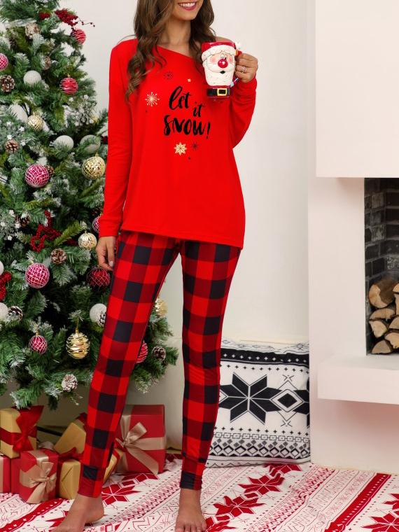 Women's Sets Christmas Printed Sloping Shoulder Top & Plaid Pants Casual Two-Piece Set - LuckyFash™