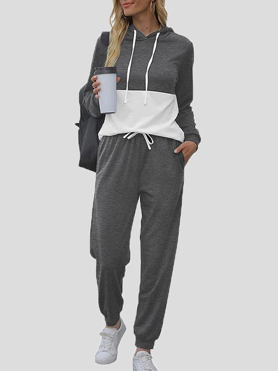 Sets Colorblock Drawstring Hoodie & Lace-Up Trousers Two-Piece Suit for Women