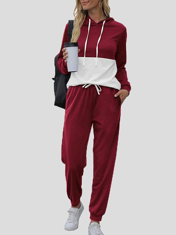 Sets Colorblock Drawstring Hoodie & Lace-Up Trousers Two-Piece Suit for Women