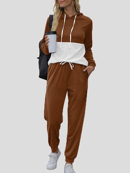 Sets Colorblock Drawstring Hoodie & Lace-Up Trousers Two-Piece Suit for Women