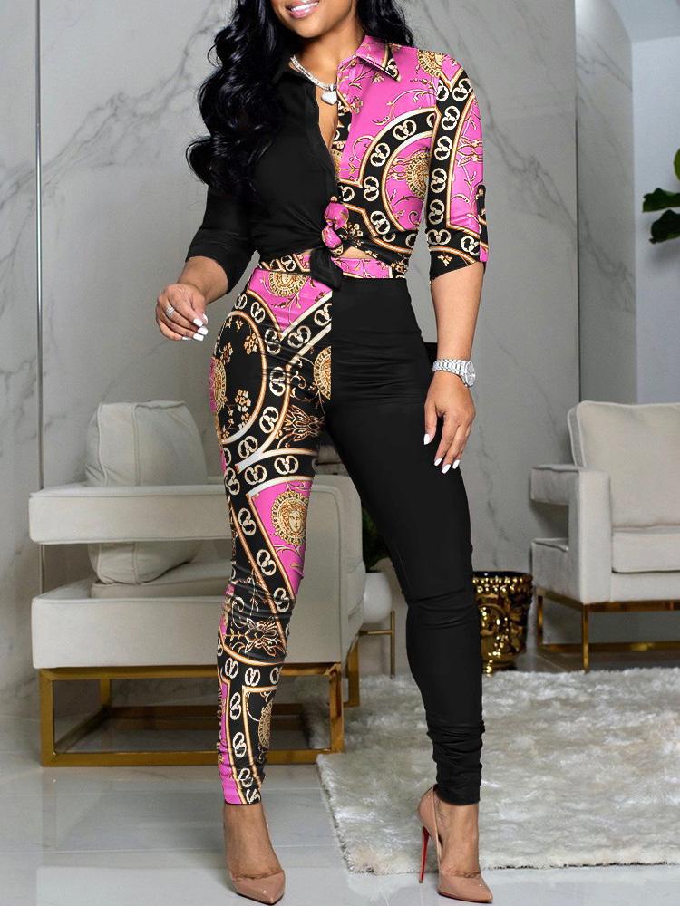 Sets Colorblock Printed Long Sleeve Shirt & Pants Two-Piece Suit for Women