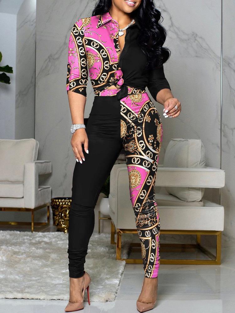 Women's Sets Colorblock Printed Long Sleeve Shirt & Pants Two-Piece Suit - LuckyFash™