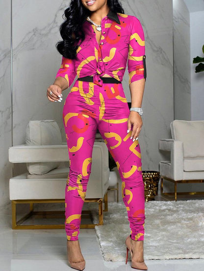 Sets Colorblock Printed Long Sleeve Shirt & Pants Two-Piece Suit for Women