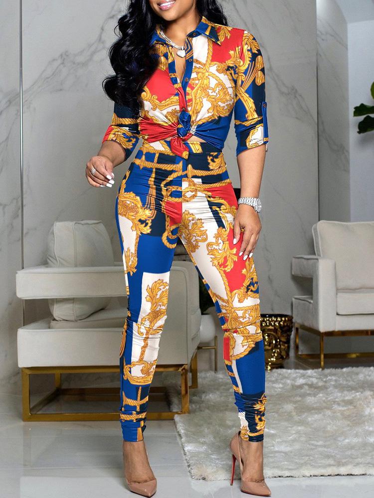 Sets Colorblock Printed Long Sleeve Shirt & Pants Two-Piece Suit for Women