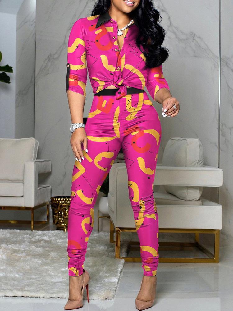 Women's Sets Colorblock Printed Long Sleeve Shirt & Pants Two-Piece Suit - LuckyFash™