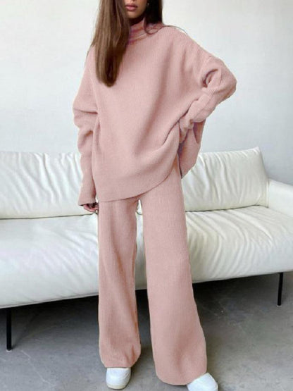 Sets High Neck Long Sleeve Wide-Leg Pants Casual Two-Piece Suit for Women