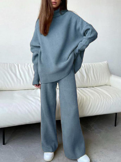 Sets High Neck Long Sleeve Wide-Leg Pants Casual Two-Piece Suit for Women