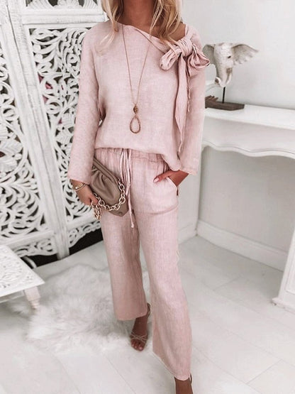 Sets Lace-Up Knotted Long Sleeve Top & Trousers Two-Piece Suit for Women