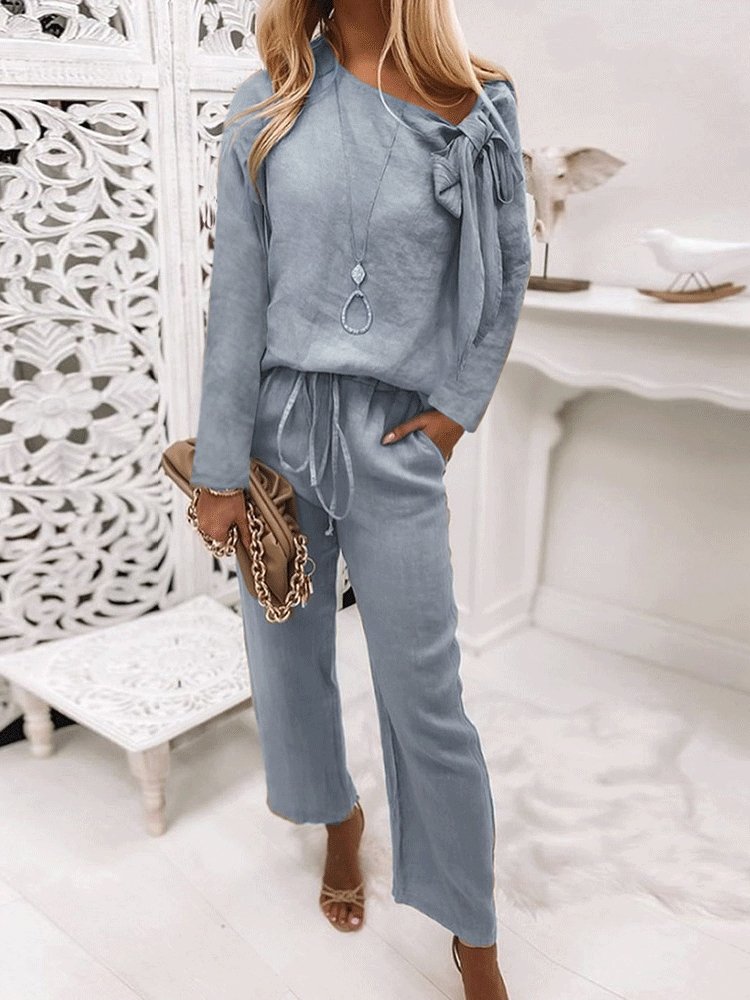 Sets Lace-Up Knotted Long Sleeve Top & Trousers Two-Piece Suit for Women