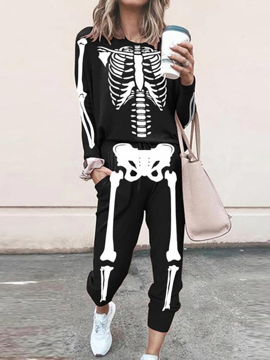 Sets Long Sleeve T-shirt & Pants Skull Print Two-Piece Set for Women