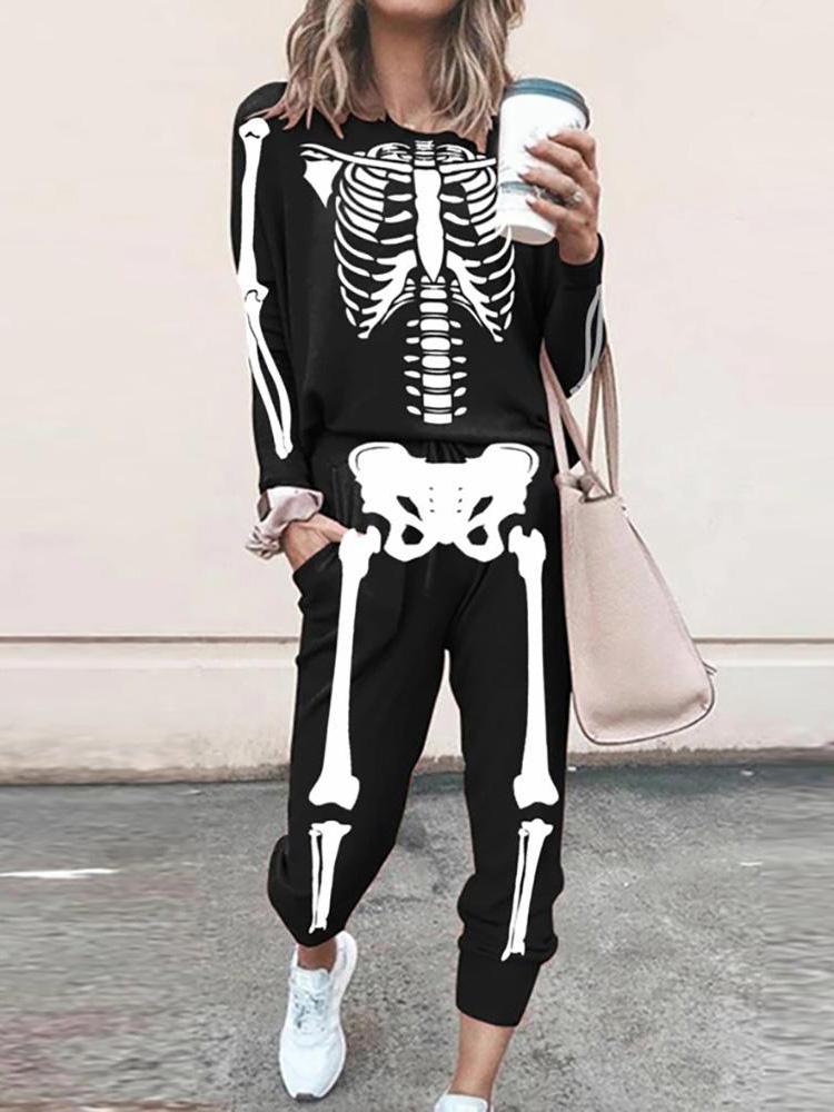 Women's Sets Long Sleeve T-shirt & Pants Skull Print Two-Piece Set - LuckyFash™