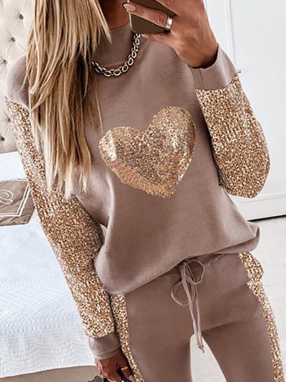 Women's Sets Love Sequined Long Sleeve Elastic Pants Casual Two-Piece Suit - LuckyFash™