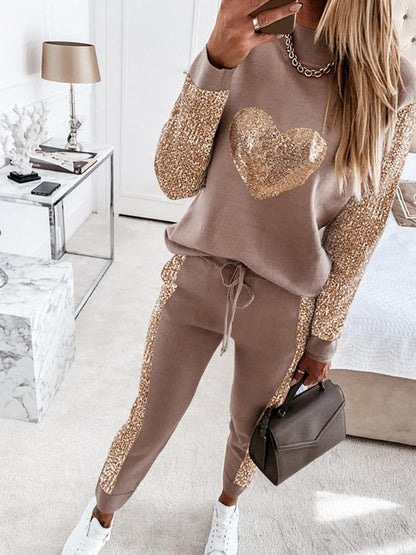 Women's Sets Love Sequined Long Sleeve Elastic Pants Casual Two-Piece Suit - LuckyFash™