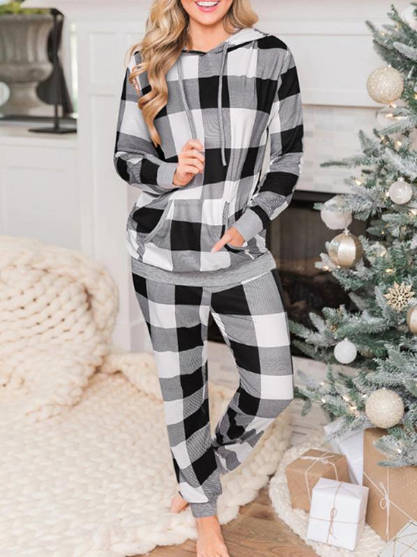 Sets Plaid Print Hooded Drawstring Trousers Two-Piece Suit for Women