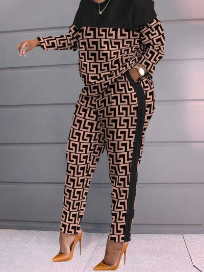 Women's Sets Printed Crew Neck Long Sleeve Pocket Pants Two Piece Set - LuckyFash™