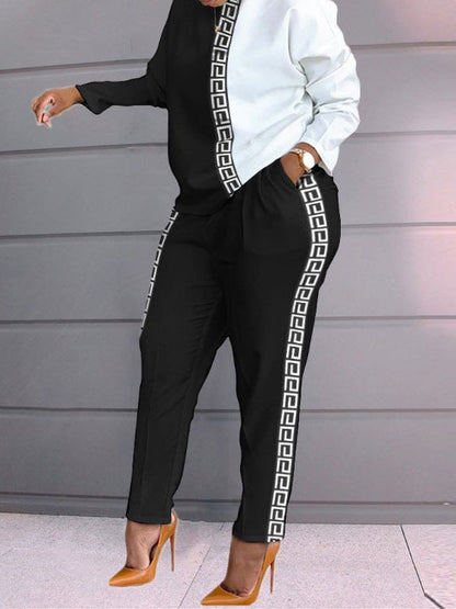 Women's Sets Printed Crew Neck Long Sleeve Pocket Pants Two Piece Set - LuckyFash™