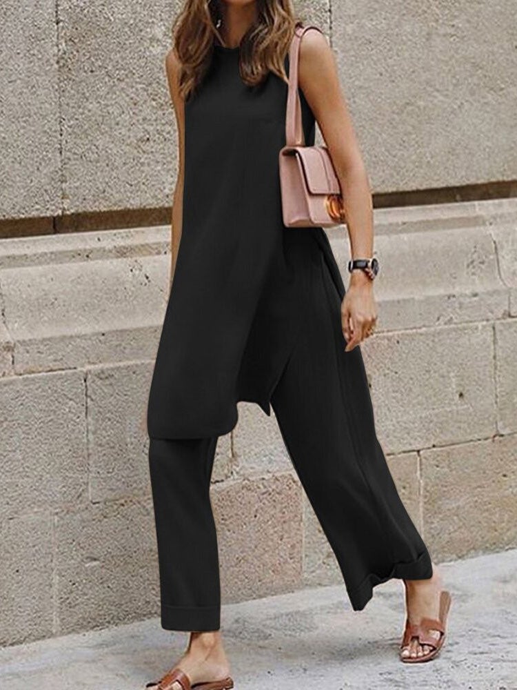 Women's Sets Sleeveless Split Top & Wide-Leg Pants Casual Two-Piece Suit - LuckyFash™