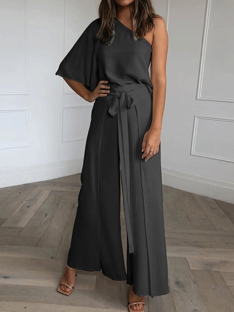 Women's Sets Sloping Shoulder Top & Belted Wide-Leg Pants Two-Piece Suit - LuckyFash™