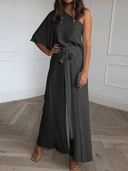 Sets Sloping Shoulder Top & Belted Wide-Leg Pants Two-Piece Suit for Women