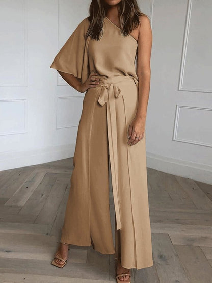 Sets Sloping Shoulder Top & Belted Wide-Leg Pants Two-Piece Suit for Women