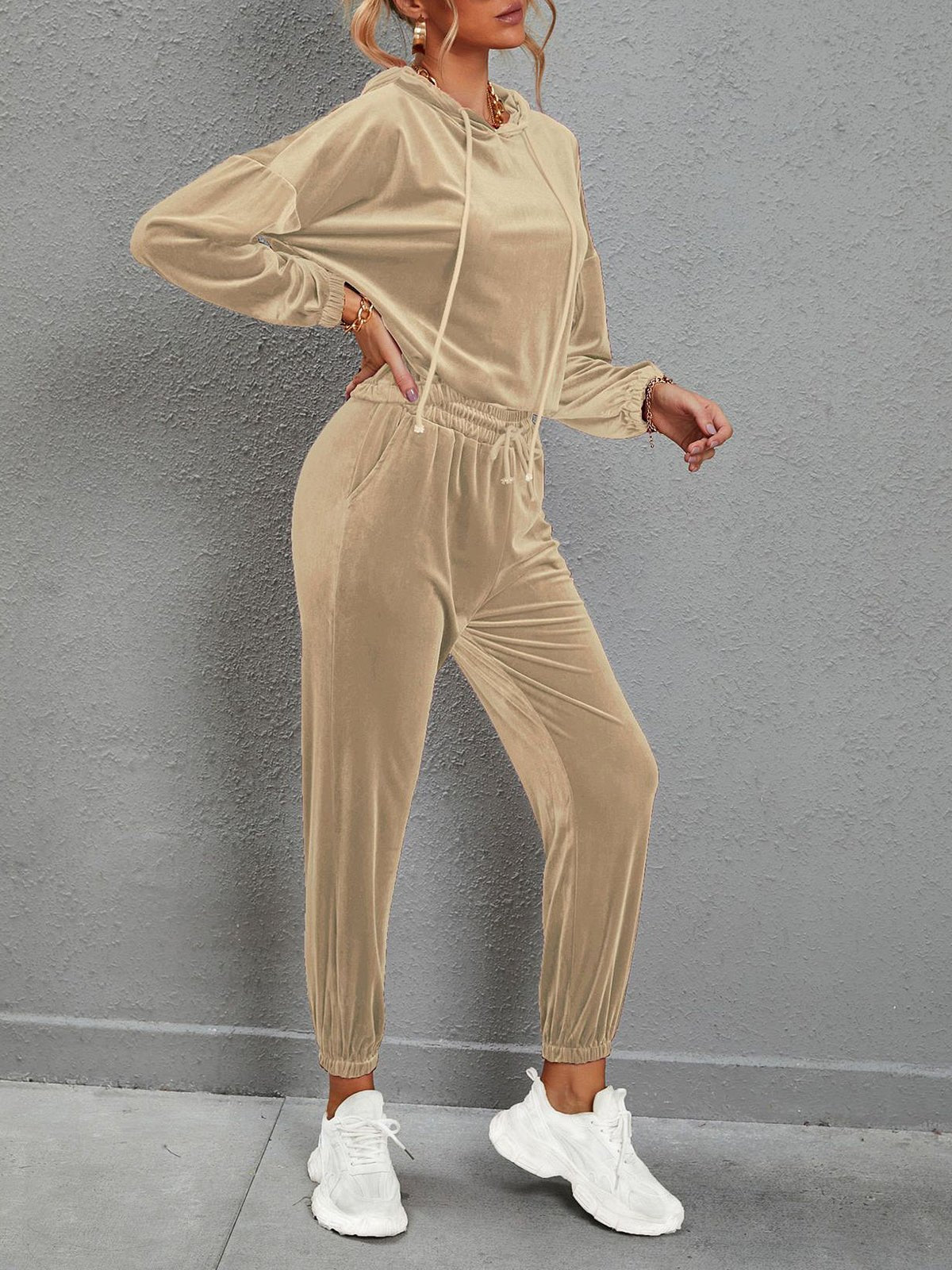 Solid Color Gold Velvet Long Sleeve Casual Set