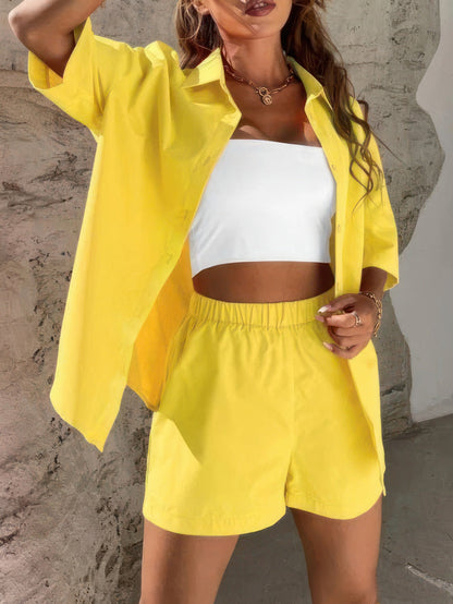 Sets - Solid Dropped Shoulder Shirt & Shorts Two-Piece Set - MsDressly