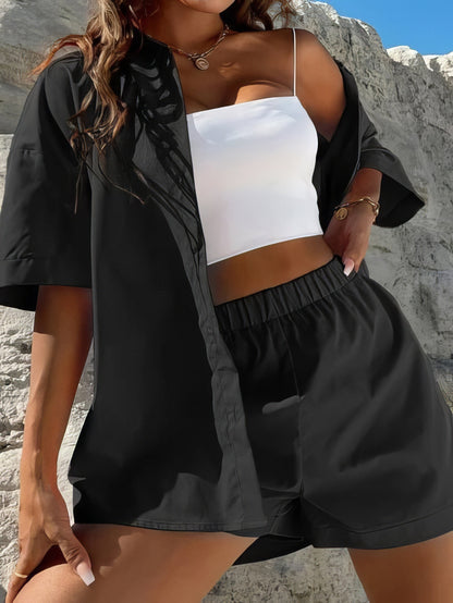 Solid Dropped Shoulder Shirt & Shorts Two-Piece Set